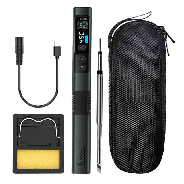 FNIRSI HS-02B Smart Soldering Iron Kit - 100W Max Power, 9-24V PD/QC Protocol Support, 100-450°C Precise PID Temperature Control, 0.96" HD Color Screen, Portable Ergonomic Design for Home Maintenance