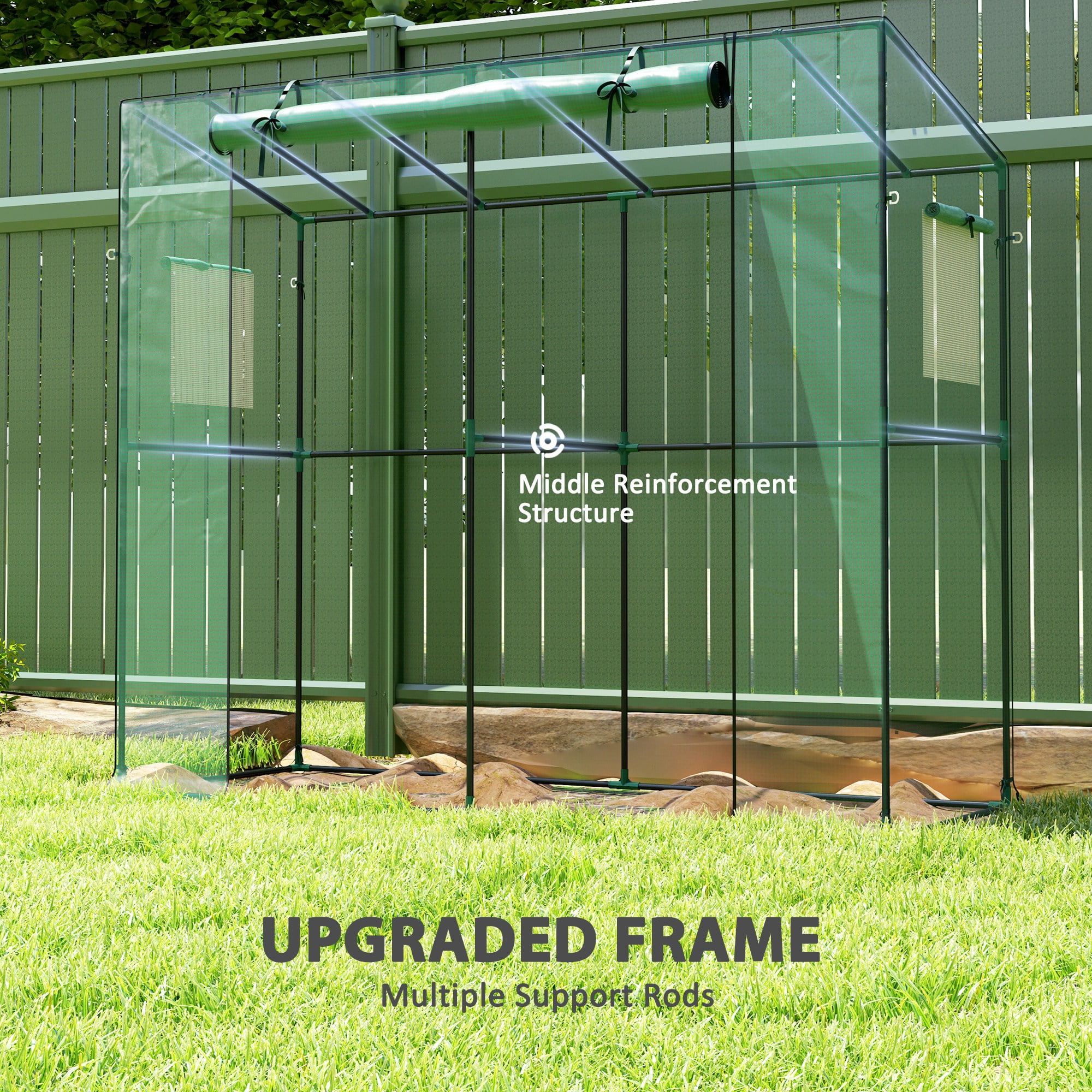 FASCK 6.6' x 2.5' x 5.6' Lean-to Small Greenhouse for Outdoors, Portable Greenhouse with UV-Resistant PE Cover, Walk-in Green House with Roll-up Door and Mesh Windows,Green