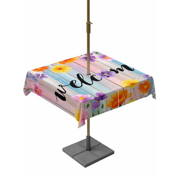 Outdoor Tablecloth with Umbrella Hole for Patio/Picnic/Party/Camping, Summer Floral Waterproof Table Cloth Square Cover Washable, Welcome Colorful Daisy Flowers Farmhouse Wooden (54"x 54")
