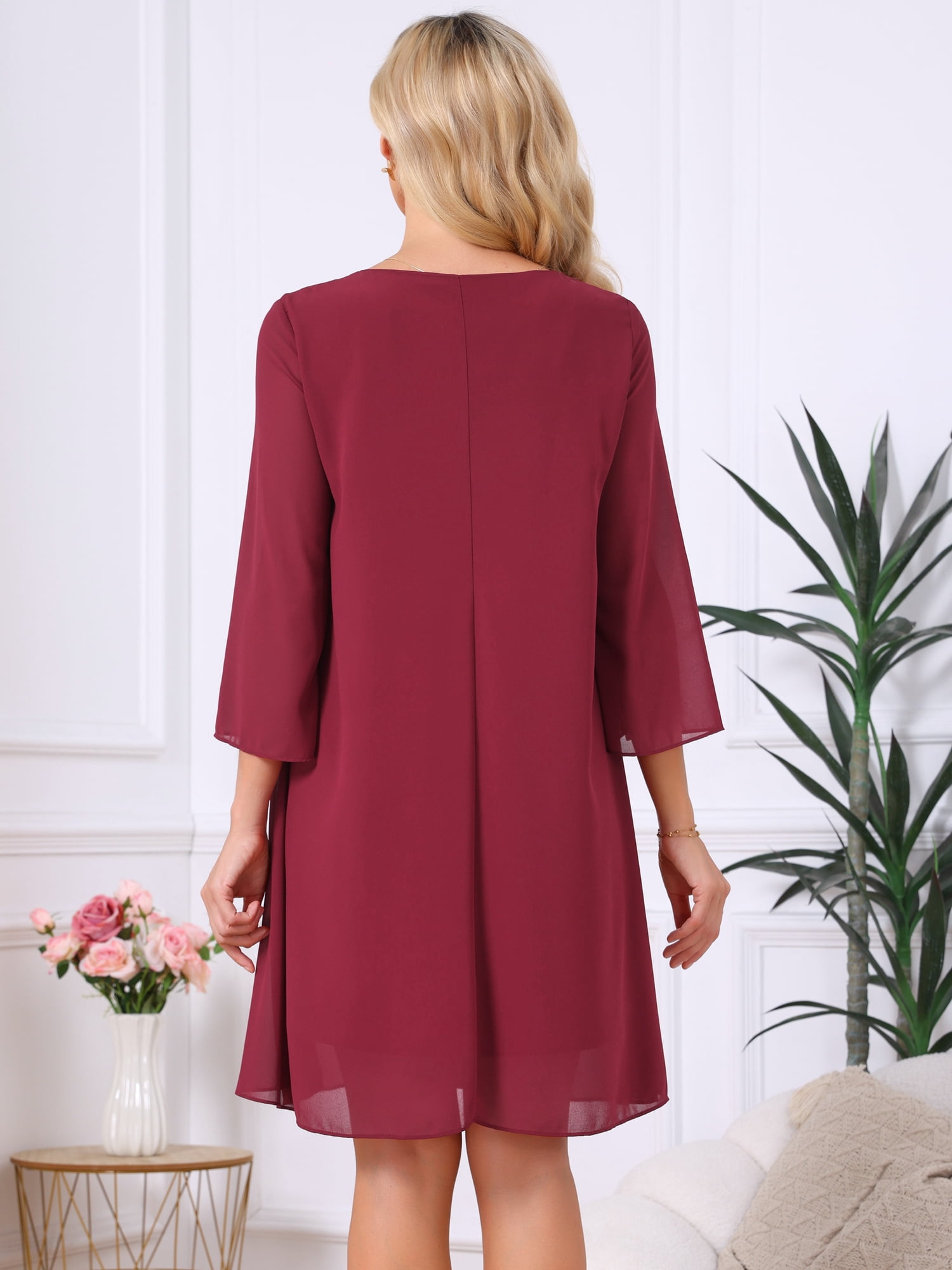 DARING DIVA Women's Chiffon 3/4 Sleeve Flowy Wedding Guest Dress M Wine Red
