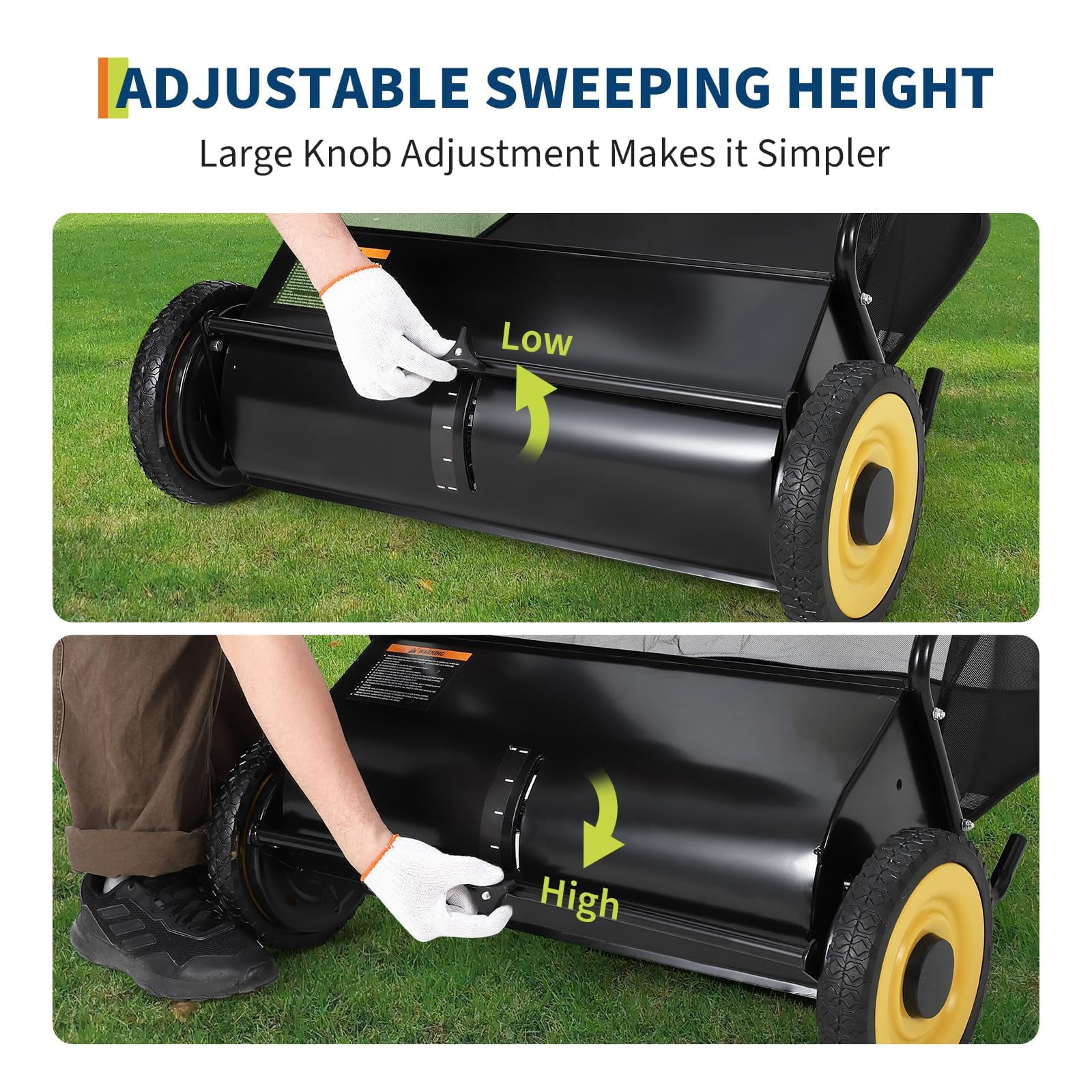 Accreate 21-Inch Lawn Sweeper With Push Design, 7 Cu. Ft. Capacity Bag, 4 Spinning Brushes, Adjustable Height, And Sturdy Steel Frame With Rubber Wheels For Leaves, Grass, And Yard Debris Collection