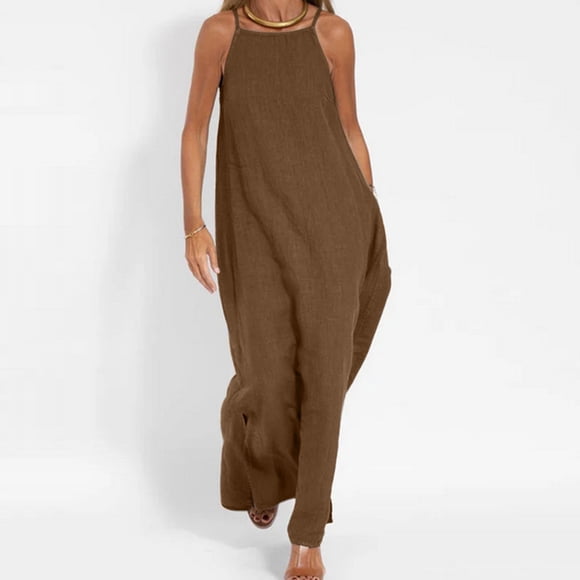 UPPADA Summer Dresses for Women Cotton Linen Maxi Dresses Sleeveless Spaghetti Strap Dresses Comfy Flowy Midi Sundresses Baggy Overalls Loose Fit Wide Leg Jumpsuits with Pockets Brown,M