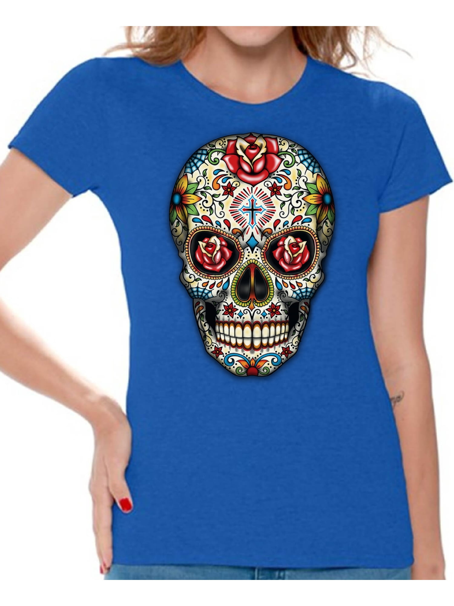 Skull V-neck Shirts T shirts for Women  Colorful Sugar Skull Dia de los Muertos 