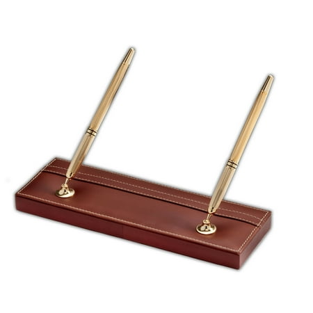 Rustic Brown Leather Pen Stand with Gold Accents