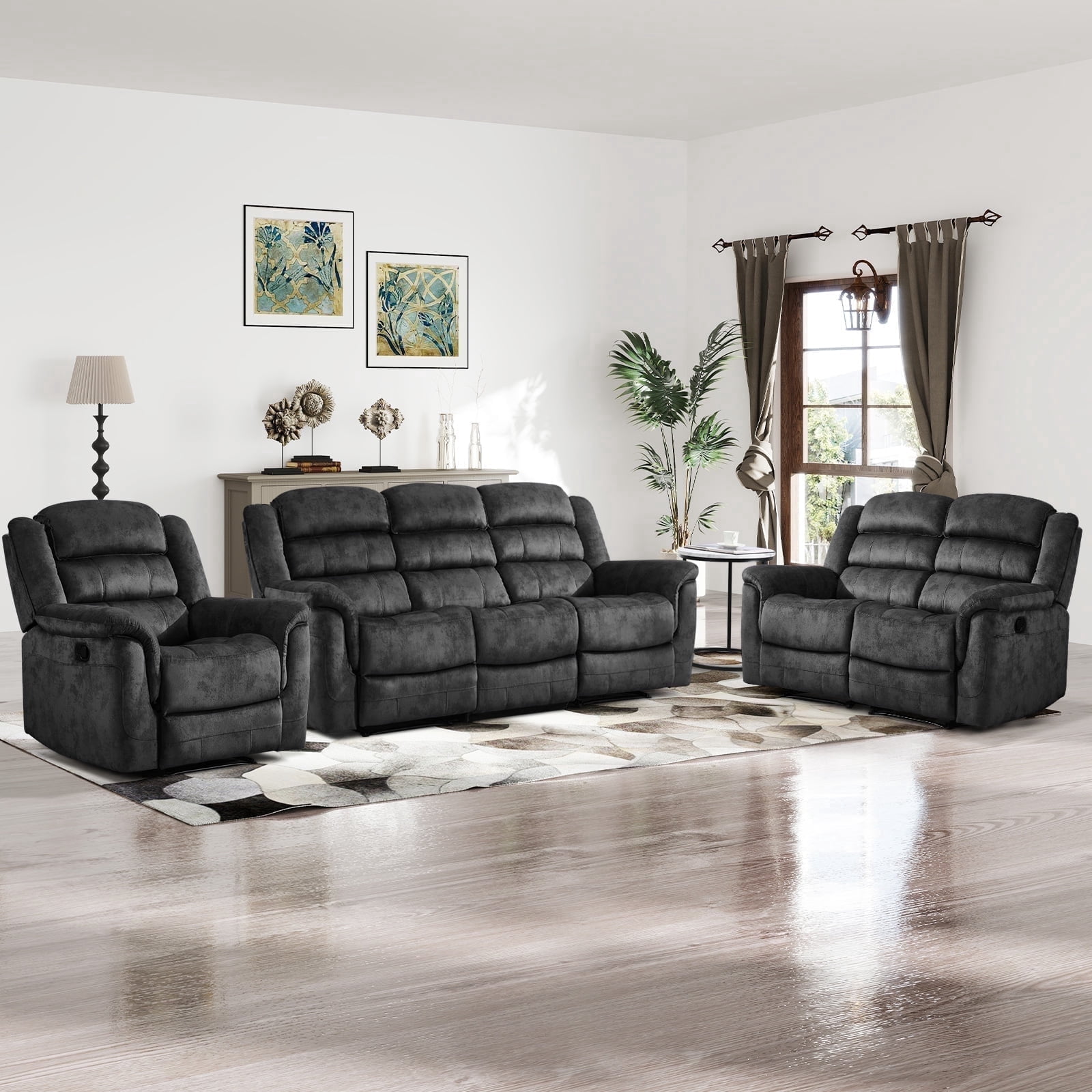 Bonzy Home 3-Piece Fabric Manual Recliner Sofa Set, Single Chair, Loveseat & 3-Seat Couch for Living Room Furniture