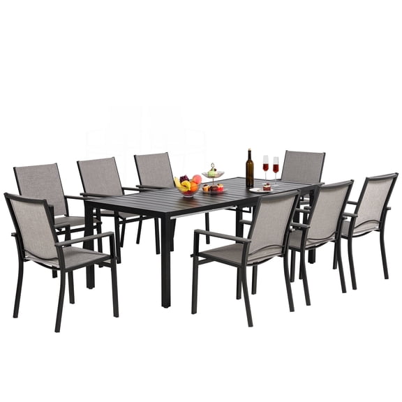 MEOOEM 9 Piece Outdoor Dining Sets with Armchairs,78.8" Rectangular Expandable Patio Table and 8 Sling Chairs with Armrests for 8,Heavy Duty Modern Patio Dining Set for Outside, Garden, Backayrd