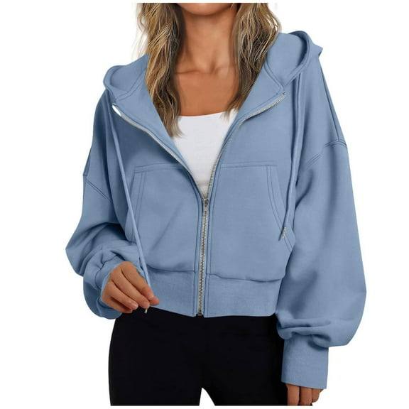 Lzobxe Zip up Hoodie Women Loose Long Sleeve Pullover Sweatshirt Fleece Jacket Coat