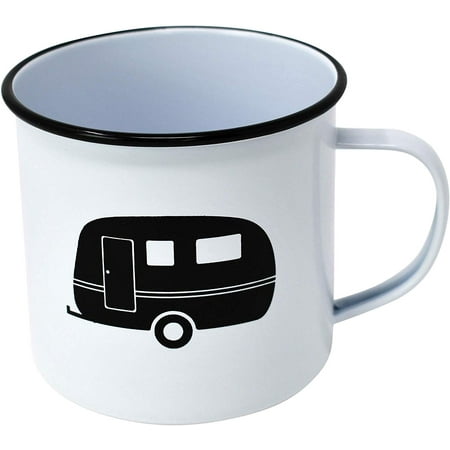 Enamel Mug by Modern Retro! Camping Mug in 8 Vintage Enamelware Designs – Fun Metal Coffee Mug and Durable Camping Cup - Tin Mugs for Coffee (or Whiskey) Home and Camp Cups with Nostalgia (CARAVAN)