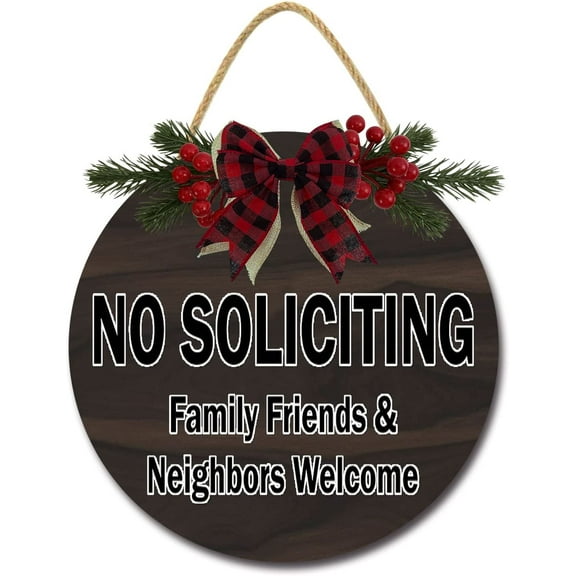 Eveokoki 12" No Soliciting Family Friends Neighbors Wreaths Decor Sign Front Door, Home Decor Round Wood Hanging Sign with Ribbon Bow and Artificial Leaves