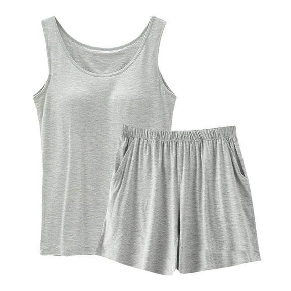 Modal Pajamas Set for Women 2 Piece Built in Bra Sleeveless Tank Top and Shorts Sets Loose Comfy Sleep Homewear (X-Large, Gray)