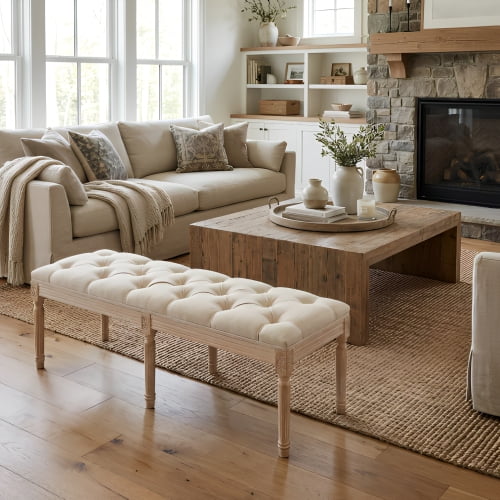47.2" French Vintage Tufted Entryway Bench, Carving Upholstered End of Bed Bench with Distressed Wood Legs, Linen Ottoman Seat for Living Room Foyer Dining Room, Cream