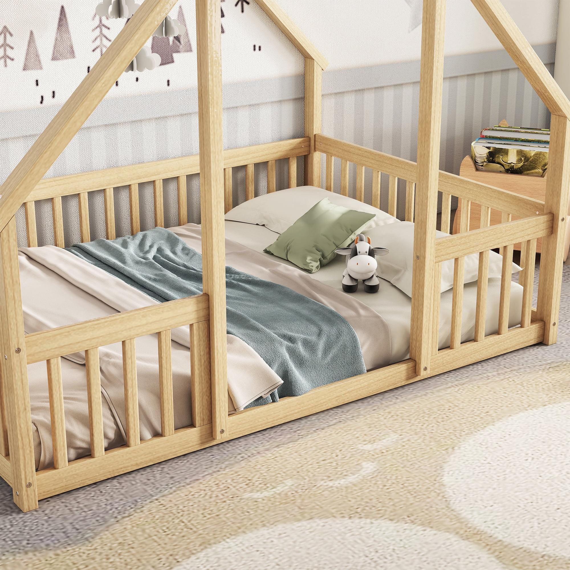 Leumius Full Wood House-Shaped Floor Bed with Fence, Guardrails for Boys Girls Natural
