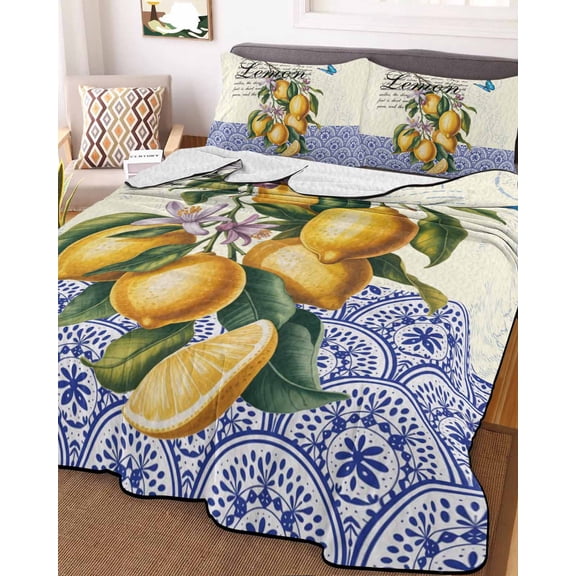 Lemon Twin Size Down Alternative Comforter, Lightweight Comforter Quilt Bedding Set with Pillow Shams Summer Vintage Yellow Fruits Italy Blue Textured All Seasons Bed Comforter Duvet Insert 68"x86"