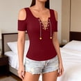 thumbnail image 2 of Htigea Women's Cold Shoulder Short Sleeve Tops Chains V-Neck T-Shirts Summer Trendy Going Out Club Tees Wine S, 2 of 8