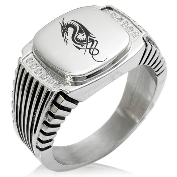 Stainless Steel Horned Dragon CZ Ribbed Needle Stripe Pattern Biker Style Polished Ring