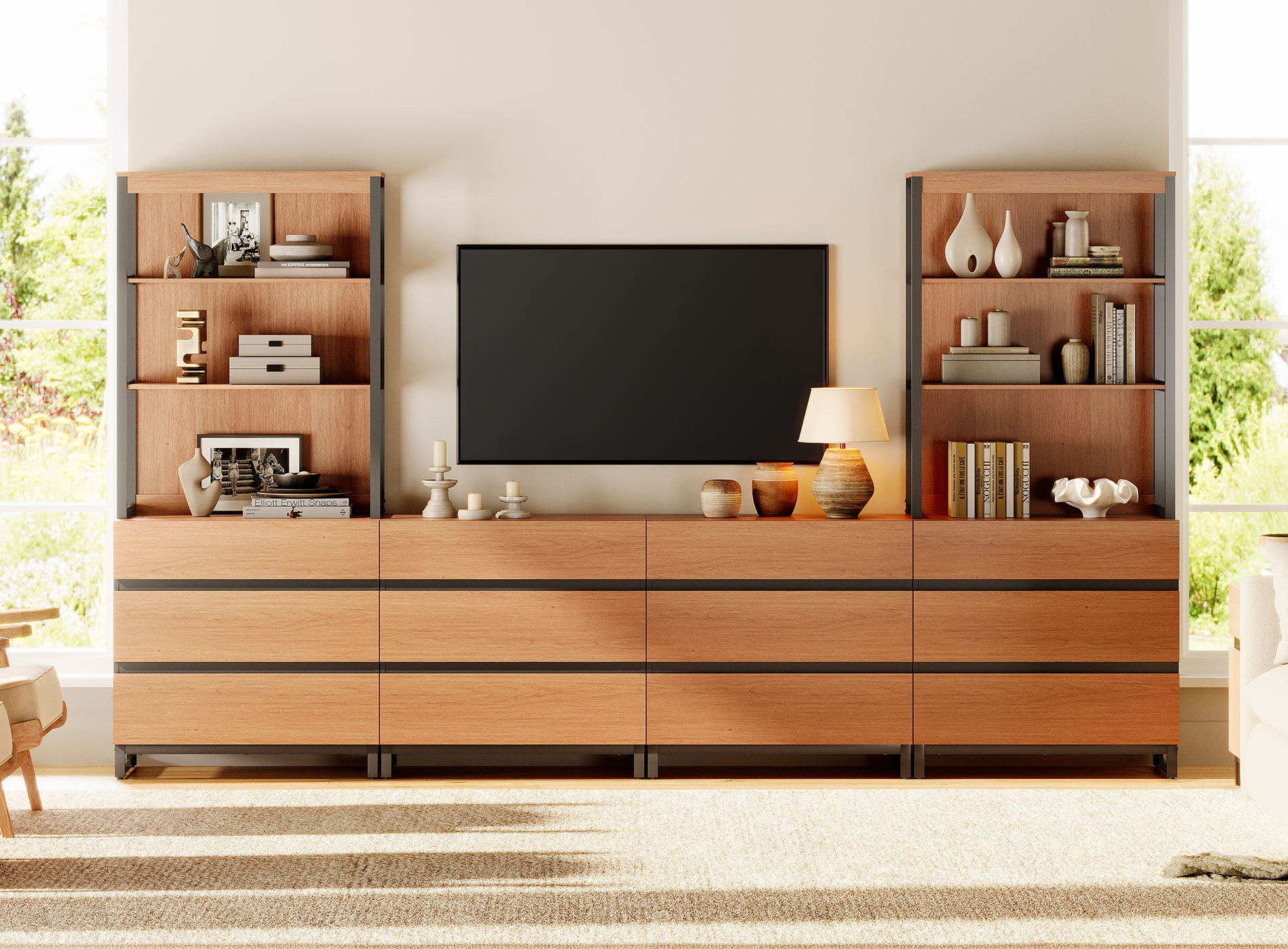WAMPAT Modern TV Stand with 3 Tiers Bookshelf, Farmhouse Entertainment Center with 12 Drawers and Adjustable Shelf, Wooden Media TV Console with Black Metal Leg for Living Room, Mocha