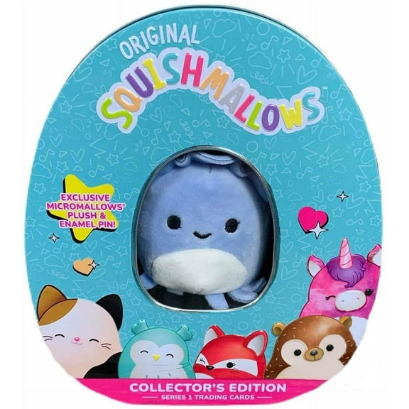 Squishmallows Official Kellytoy Collector's Tin Set with Micromallow Exclusive Pin and Trading Cads Choose Your Favorite or Collect Them All (Stacy The Squid)