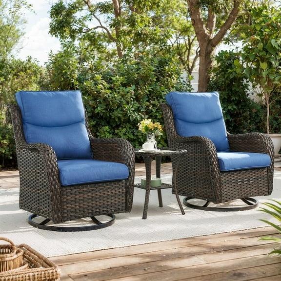 PARKWELL 3-Piece Patio Wicker Chairs Swivel Rocker Set,Outdoor High Back Swivel Glider Rocking Lounge Chairs with Side Table for Patio Deck Garden,Brown/Navy