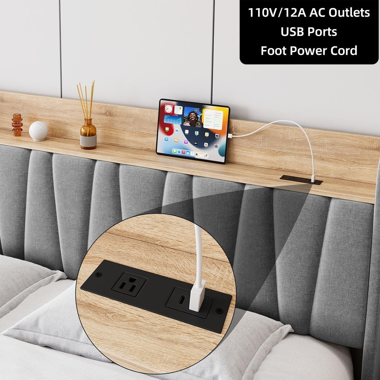 KOKEBREN Full Size Upholstered Platform Bed Frame, Metal Bed Frame for Bedroom, with Storage Drawers, Power Socket, Wooden Slats Mattress Foundation,Grey