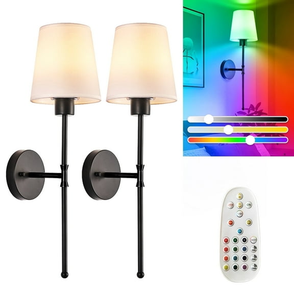 Black Rechargeable LED Wall Sconces, Set of 2 - Remote Control, 15 Color Dimmable Battery Operated Wireless Lights for Bedroom, Living Room, Hallway