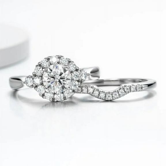Oryn Jewelry 1.9 Ct Round Brilliant Moissanite Ring - 14K White Gold Plated Rings - Couples Eternity Bridal Set Rings - Unique Promise Ring Design - Halo Wedding Ring Pairs