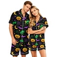 thumbnail image 2 of IYYVV Halloween Satin Matching Pajamas For Couples Short Sleeve Button Down Silk Pjs Horror Carved Sleepwear 2 Pieces Loungewear Green XL, 2 of 5