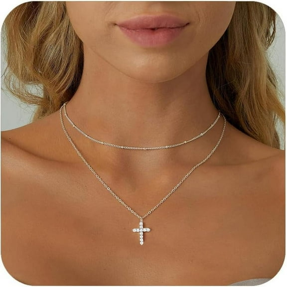 Cross Necklace for Women, 14K Gold Plated/Sterling Silver Chain Necklace Dainty Layered Gold Cross Pendant Necklace Simple Cute Necklaces for Women Gold Jewelry for Women