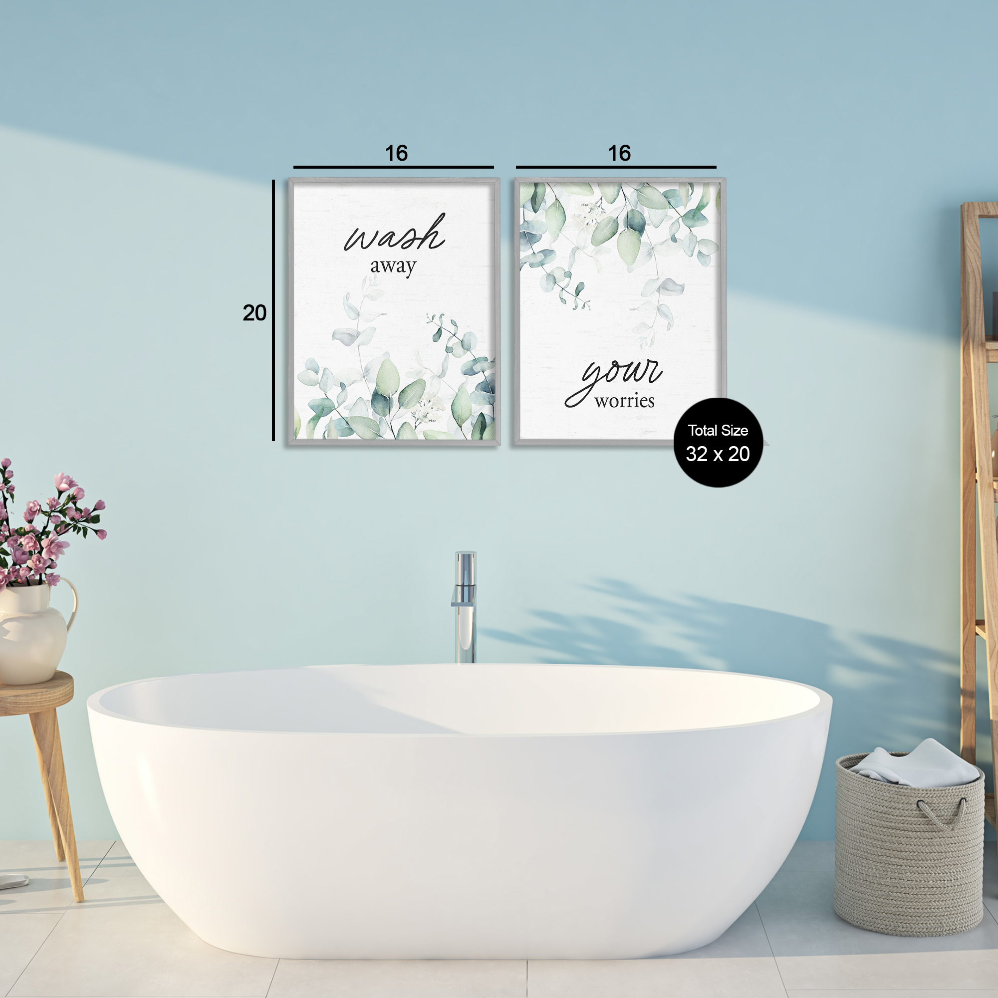 Wash Away Your Worries Leaves 2 Piece Gray Framed Giclee Art Set, design by Lettered and Lined
