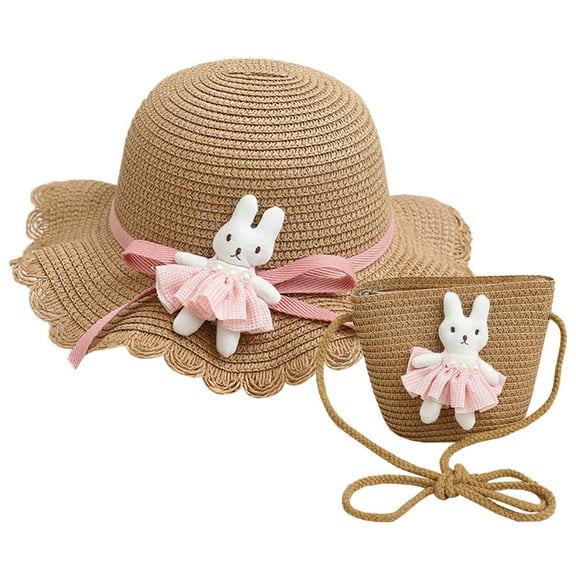 56-58cm hat circumference women's summer outdoor sunshade sunscreen hat breathable straw hat beach hat and straw bag set - Khaki