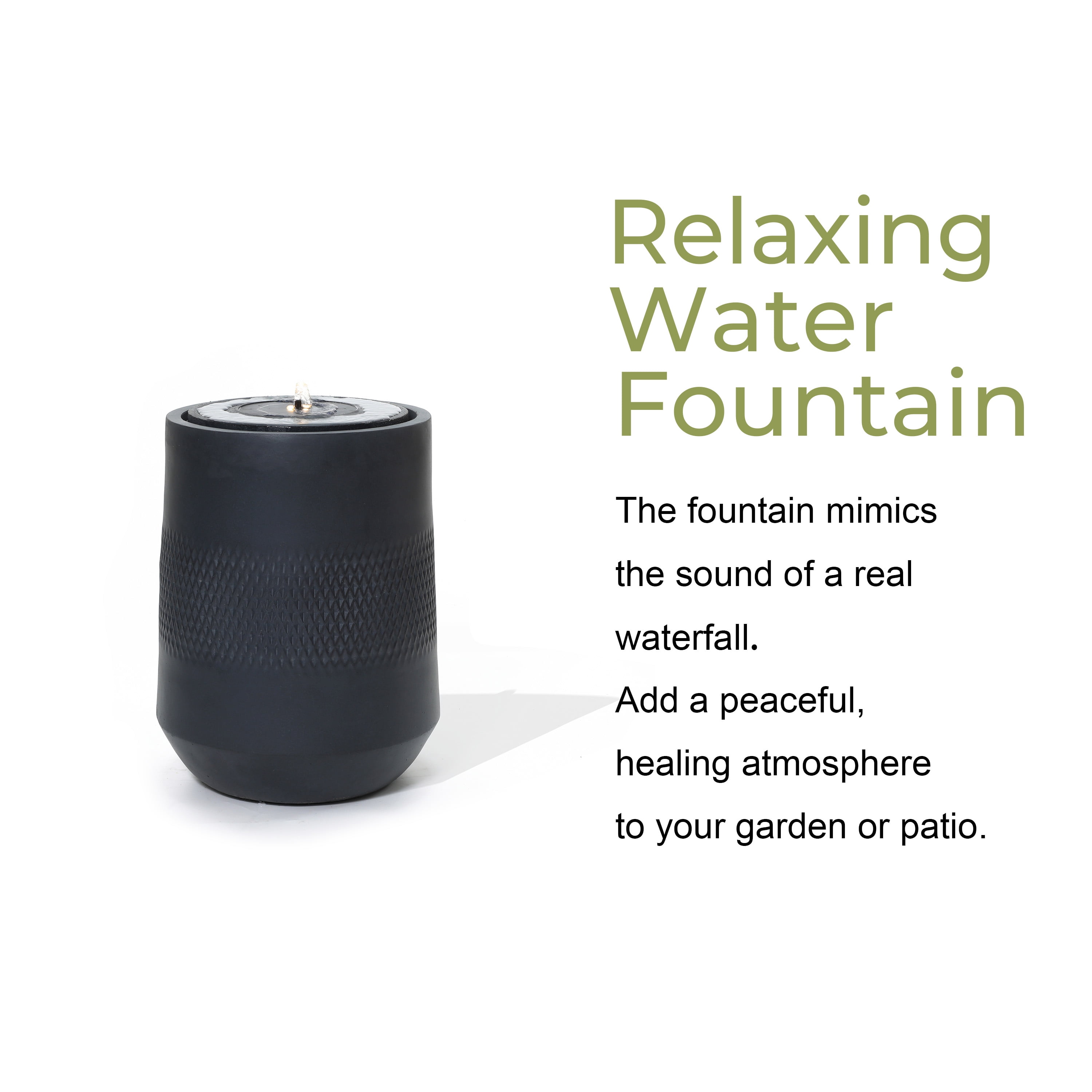 LuxenHome Dark Gray Resin Round Bubbler 23" Tall Outdoor Fountain with Lights, Solar Powered