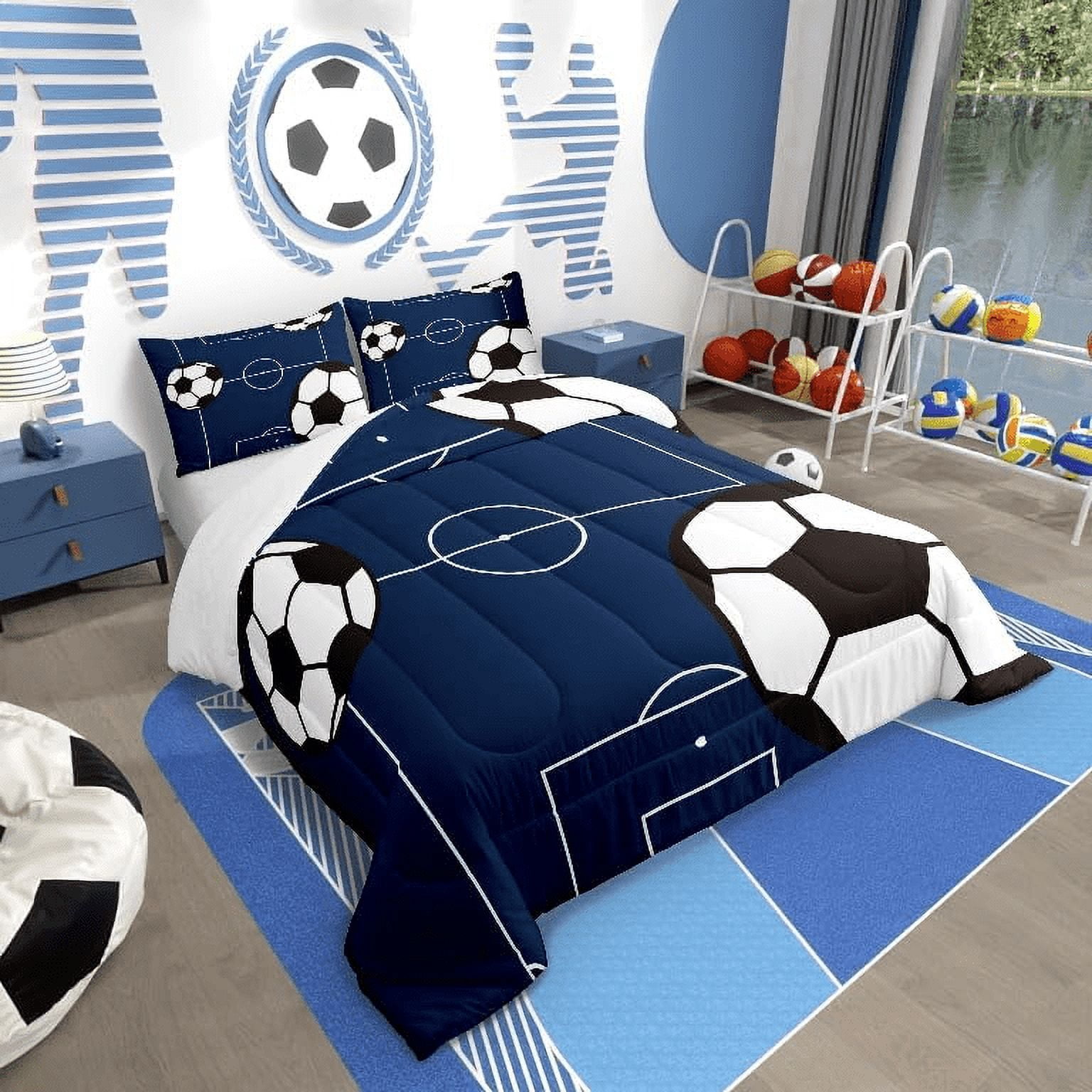 YST Football Comforter Set Full Size Kids Soccer Ball Pattern Comforter for Boys Girls Teens Sports Theme Bedding Set Breathable Football Court Duvet Set Room Decor Quilt Set