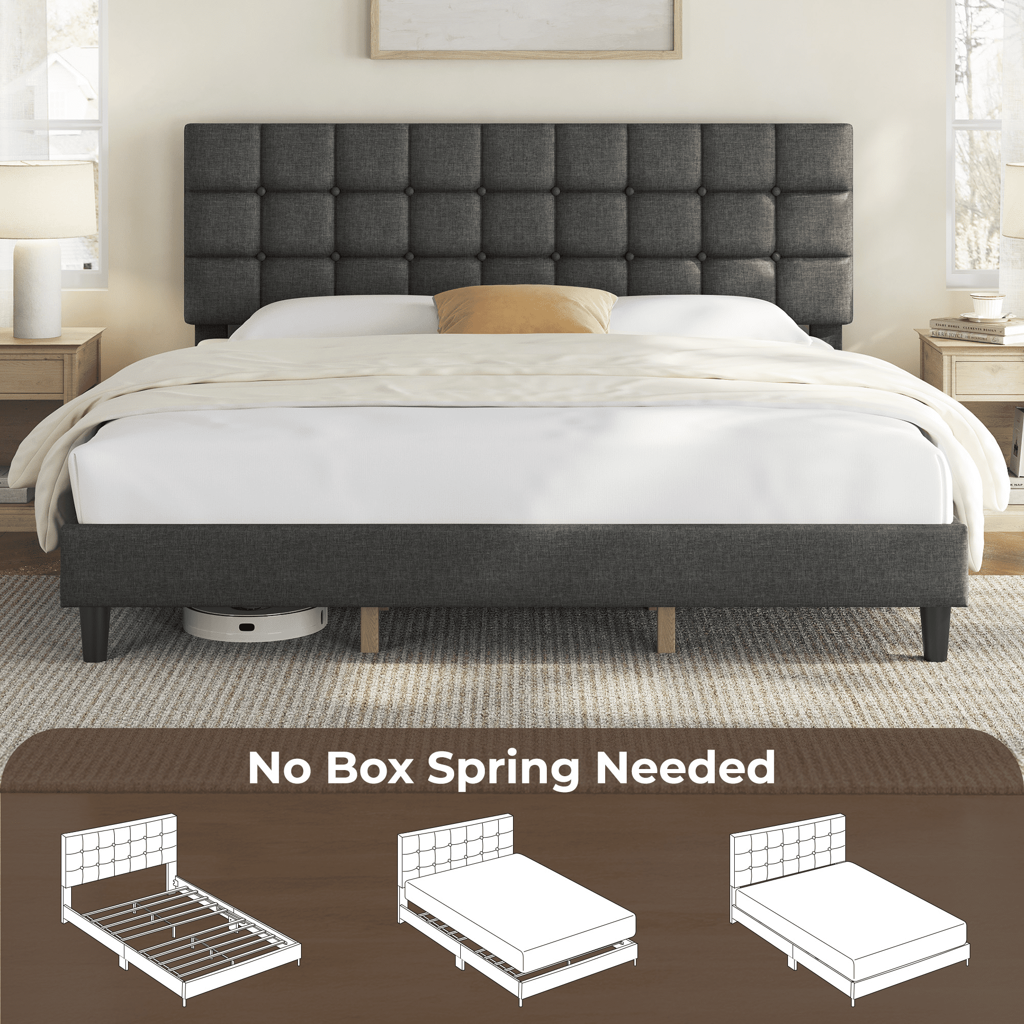 Renwick King Platform Bed Frame with Square Tufted Headboard, Dark Gray