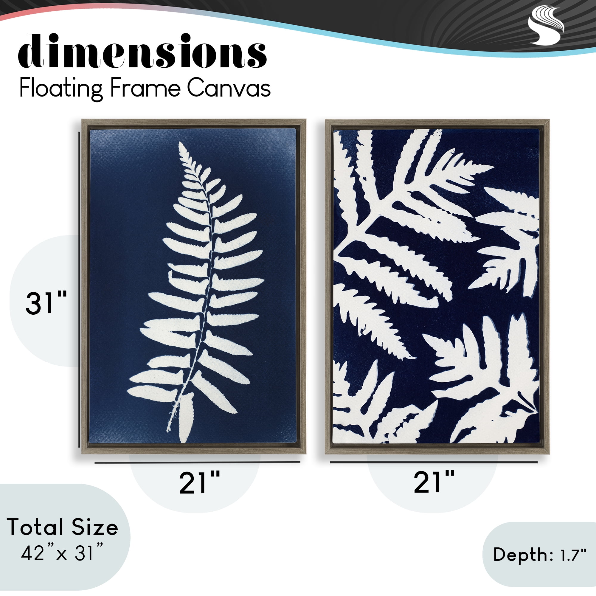 Stupell Industries Fern Leaves on Indigo 2 Piece Brown Framed Floater Canvas Set, design by Lynn Byrd
