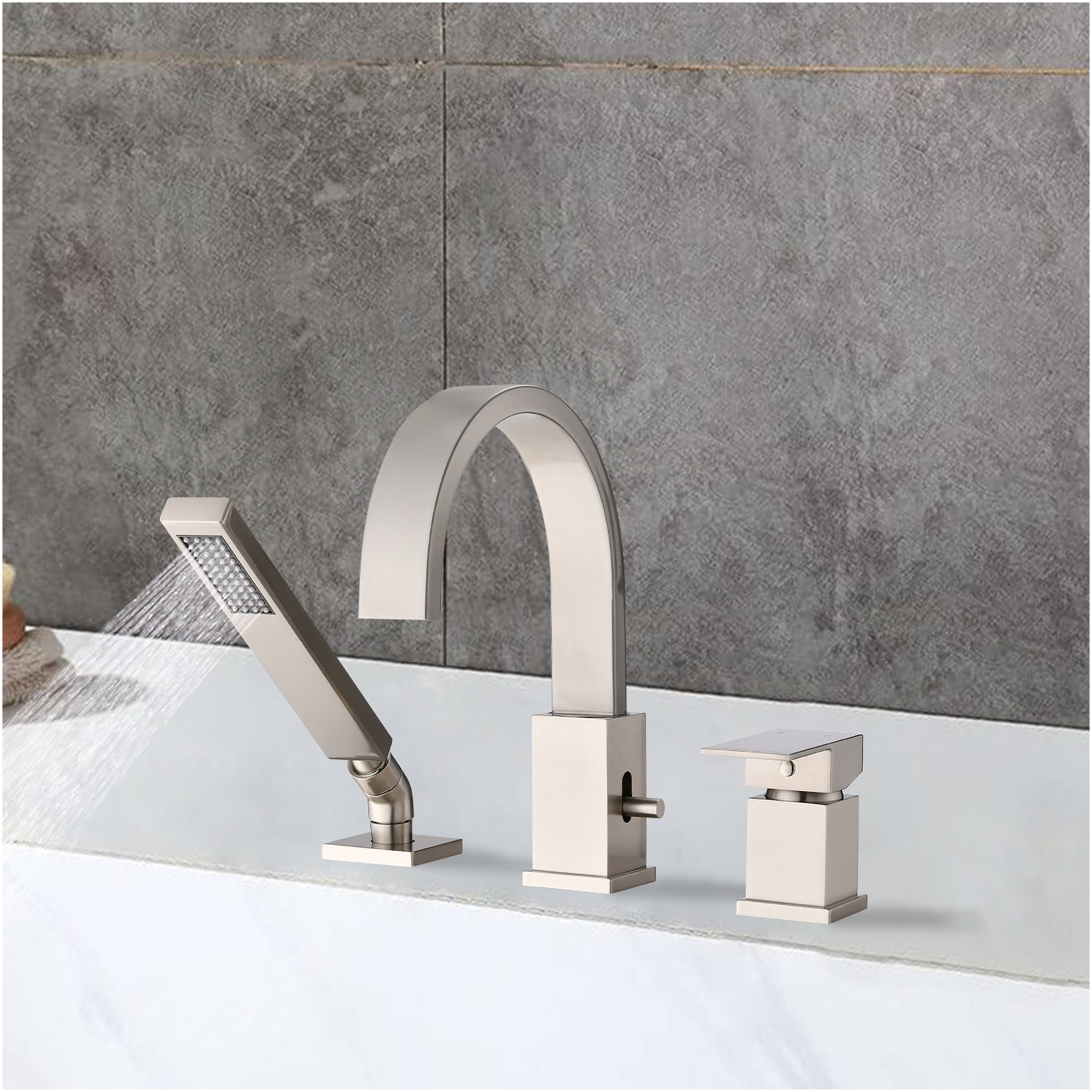 JERFIT 3-Hole Roman Tub Faucet with Hand Shower, Brushed Nickel Waterfall Bathtub Filler, Deck Mount Stainless Steel Spout Set