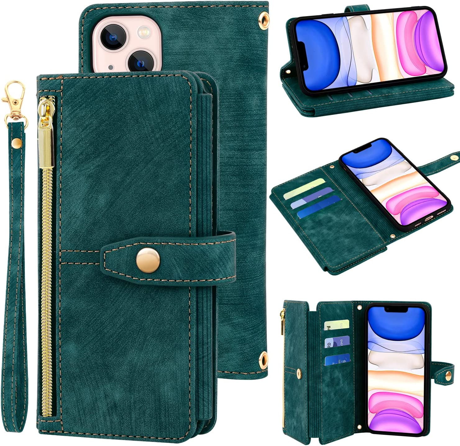 Petocase for iPhone 13 Wallet Case,Durable PU Leather Folio Flip Stand Zipper Wristlet Strap