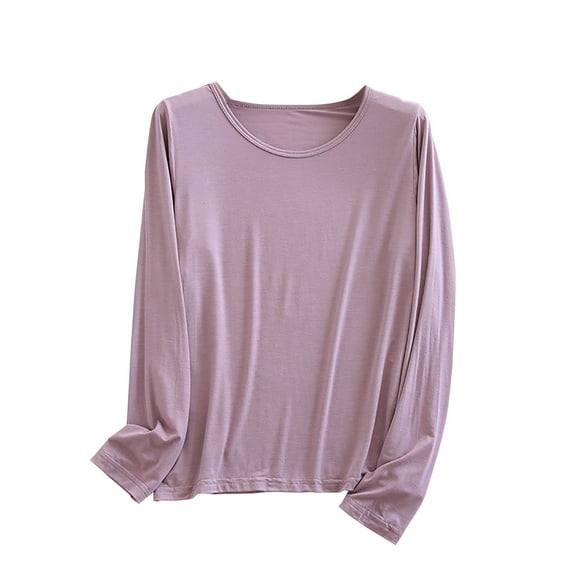 Besolor Womens Plus Size Pajama Tops Round Neck Long Sleeve Thin Sleep Shirt Casual Comfy Solid Color Tees Sleepwear