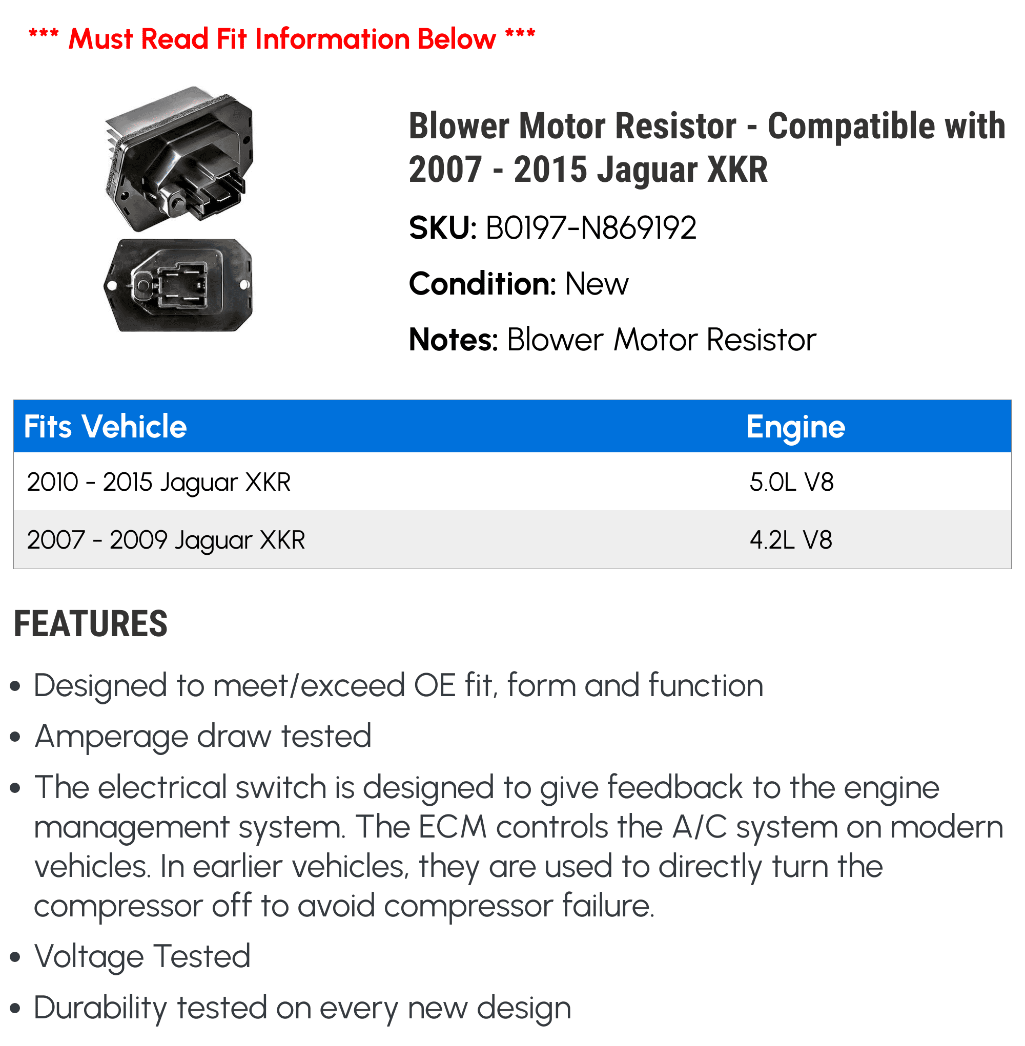 Blower Motor Resistor - Compatible with 2007 - 2015 Jaguar XKR 2008 2009 2010 2011 2012 2013 2014