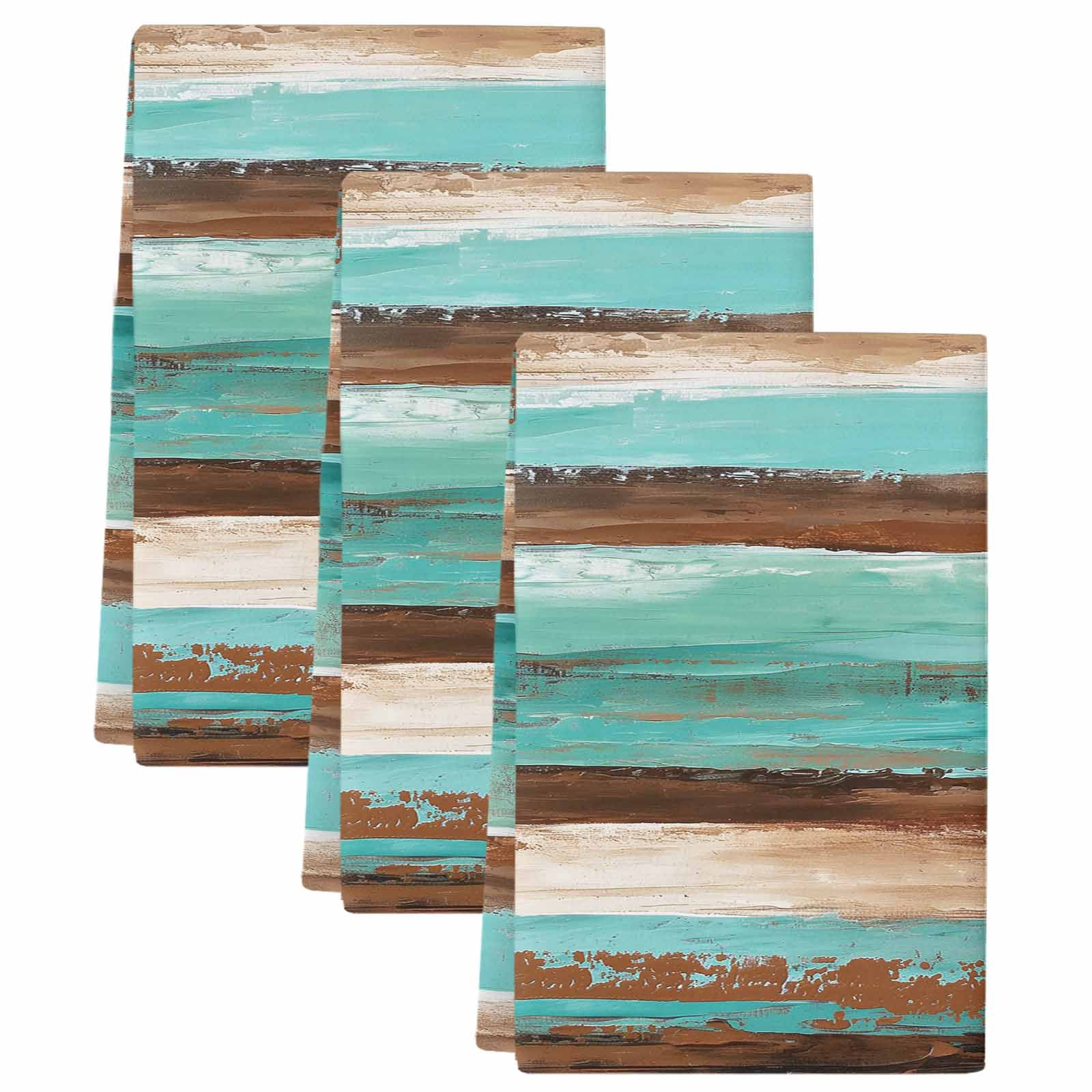Turquoise Brown Kitchen Towels Set of 3, Watercolor Modern Abstract Striped Absorbent Dish Towels for Kitchen, Microfiber Hand Towel, Quick Drying Tea Towel for Cleaning Decorative Dishcloths