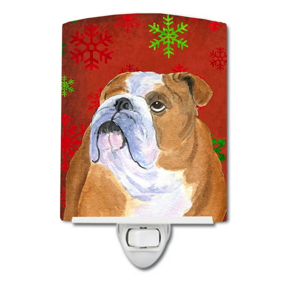 Caroline's Treasures SS4698CNL Bulldog English Red and Green Snowflakes Holiday Christmas Ceramic Night Light, 6x4x3",
