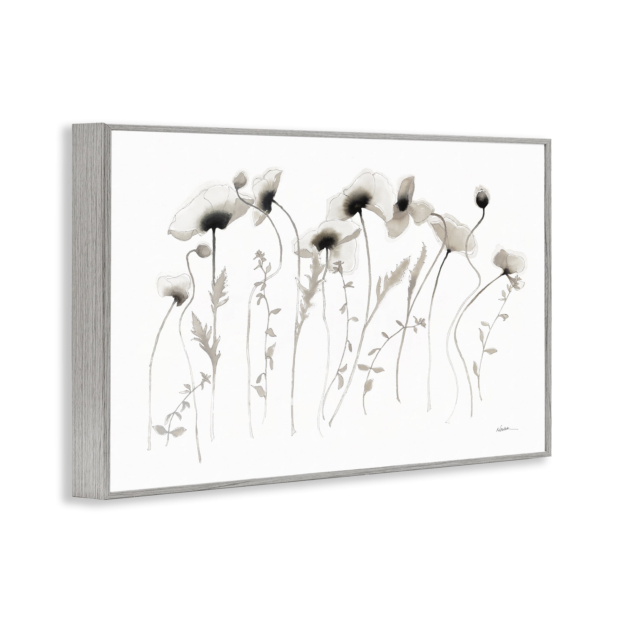 Stupell Industries White Poppy Sprigs Botanical & Floral Painting Gray Framed Art Print Wall Art, 24 x 16