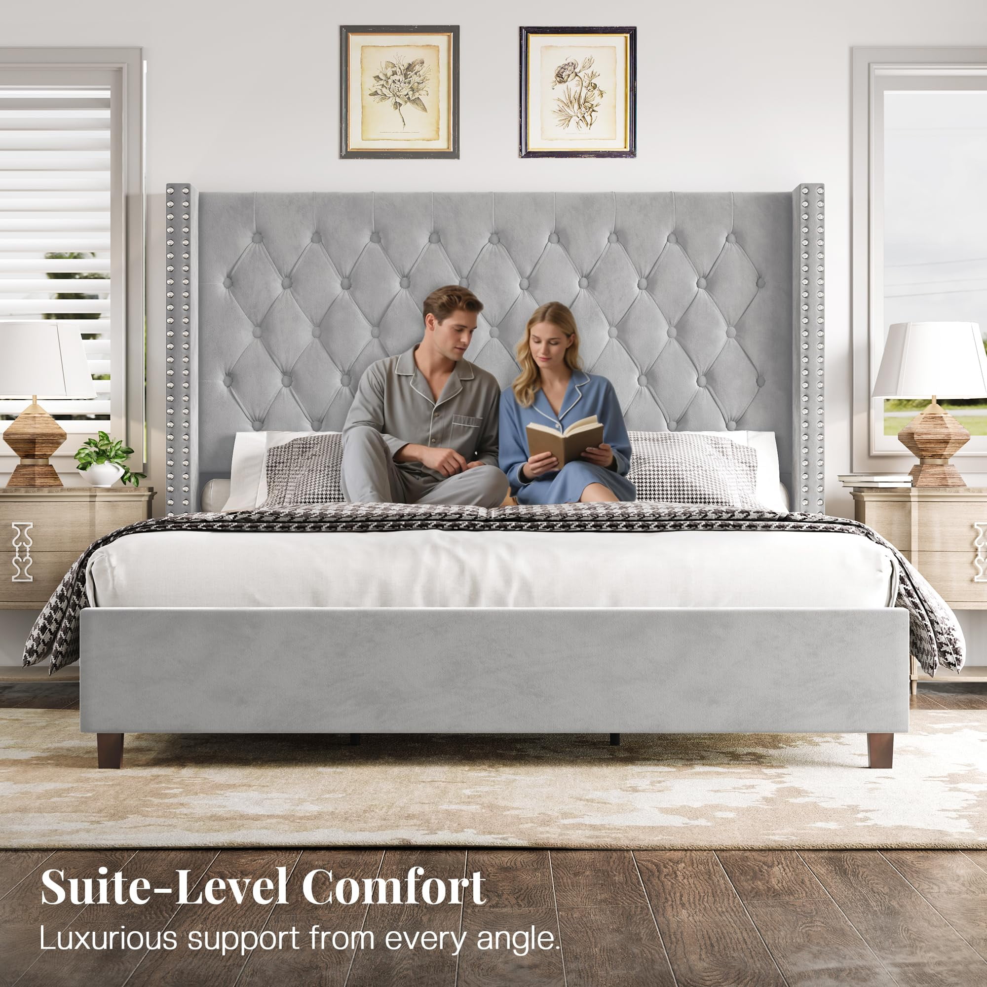 VanAcc California King Platform Bed Frame 61.4" Handmade Headboard Velvet Tall Upholstered Bed Deep Button Tufted for Bedroom, Easy Assembly, Grey
