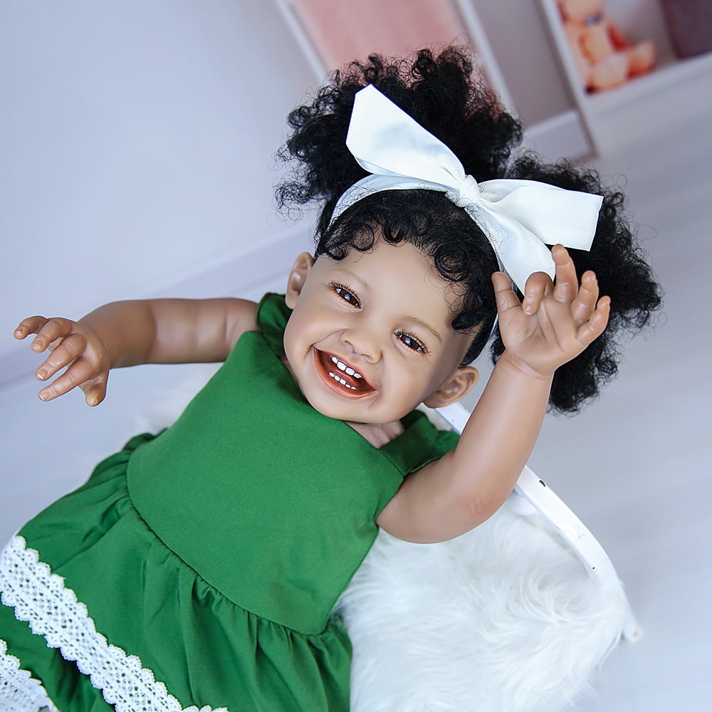 Nosadi 24" Reborn Baby Girl Dolls Black Skin Smile Face with Realisitc Silicone Limbs Filling with PP Cotton Birthday Gift for 3+ Years