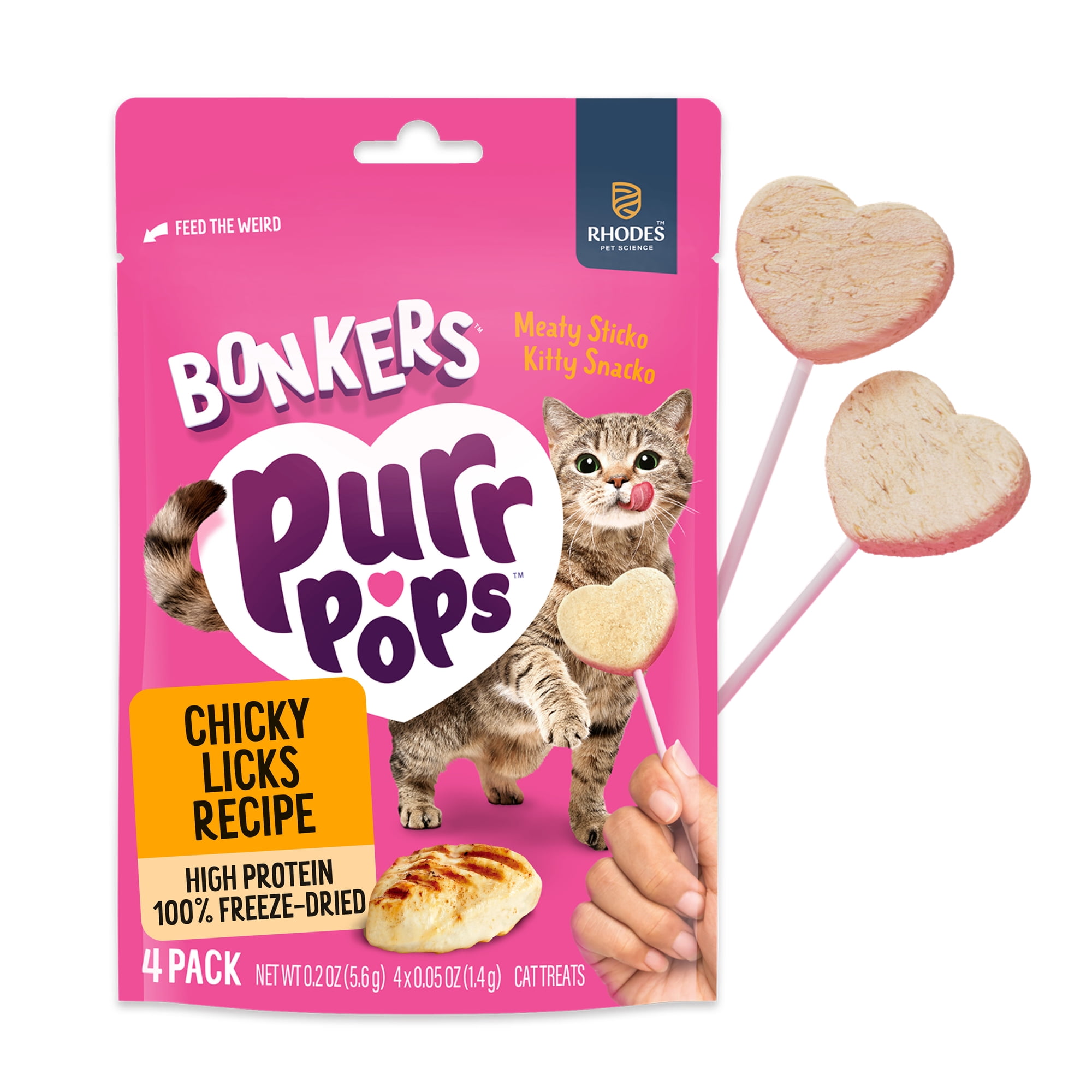BONKERS Purrpops, Freeze Dried Chicken Flavored Lollipop Cat Treats, 4 Pieces