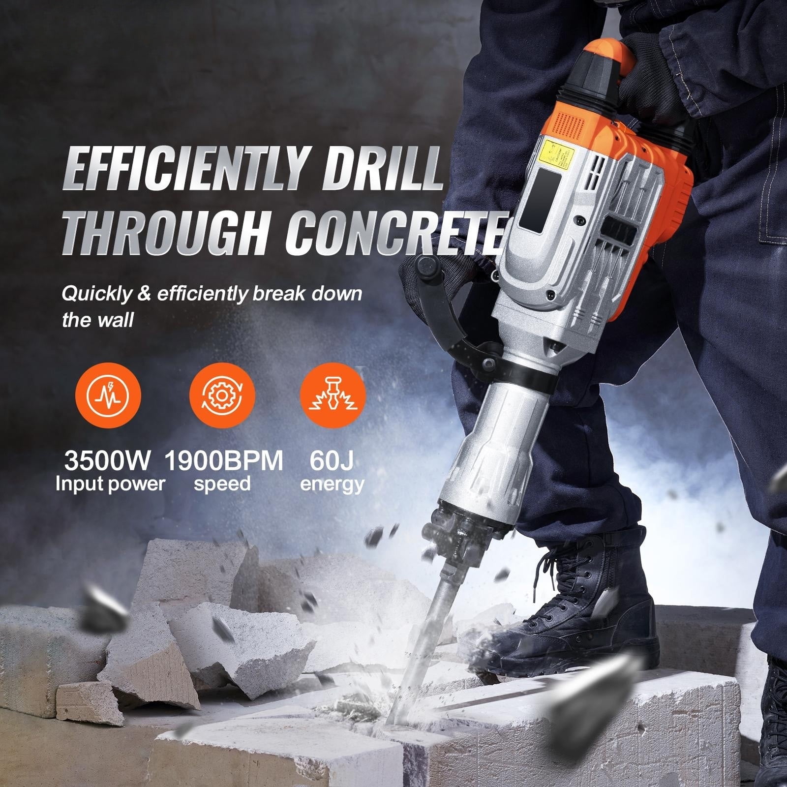 KFFKFF Demolition Jack Hammer, Electric Jack Hammer of 3500W, 1900 BPM High-Intensity, Comes with 2 Chisels, Gloves, and a 360掳 Rotating Front Handle for Digging and Hole-Breaking Tasks