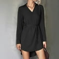 thumbnail image 2 of Fall Dresses for Women Long Sleeve V Neck Solid Color Short Shirts Dress Tie Waist Hi-Lo Hem Casual Work Mini Dress, 2 of 7
