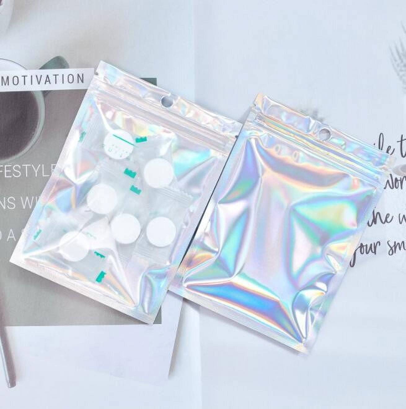 100 Pcs Smell Proof Bag, 8 x 12" Sealable Mylar Bags, Iridescent Holographic Bags, Resealable Bags for Small Business & Packaging, Ziplock Sample Foil Pouch for Party Favor Food Storage