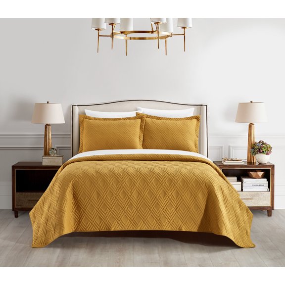 NY&C Home Marling 3 Piece Quilt Contemporary Geometric Diamond Pattern, Queen, Gold