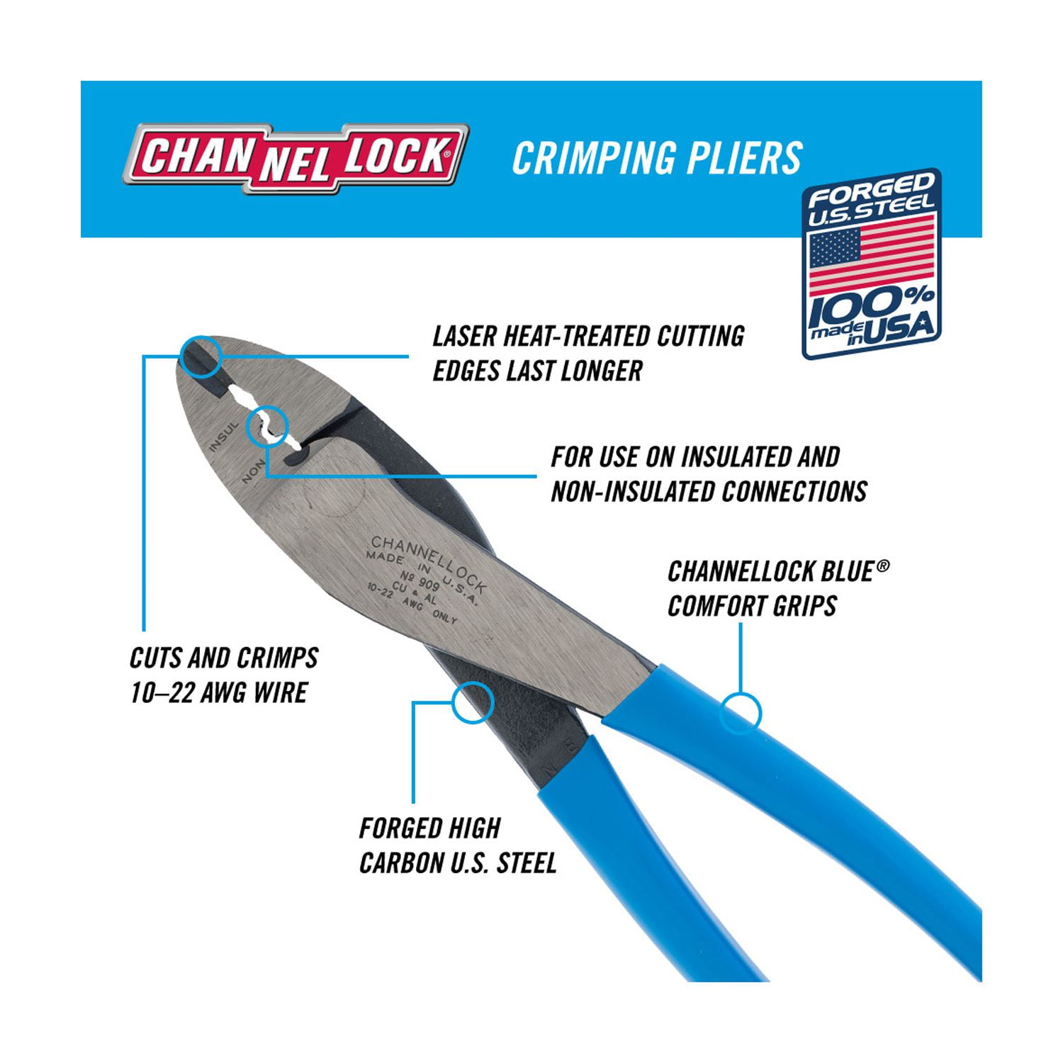 CHANNELLOCK 9.5-inch Wire Crimping Pliers, Ideal for Insulated and Non-insulated Connections and Terminals Using 10-22 AWG Wire, Made in USA (909)