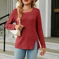thumbnail image 4 of Blczomt Dressy Casual Tops Women Long Sleeve Red Y2K Shirts Solid Color Slit Crew Neck Womens Blouse XXL, 4 of 4