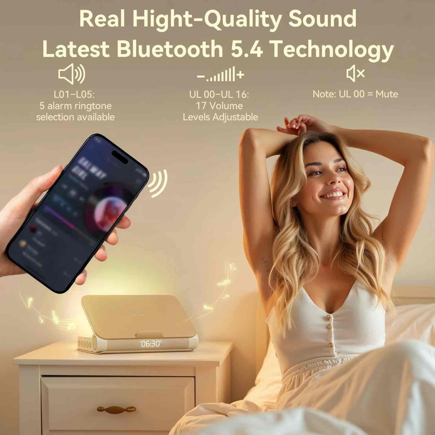 Sunrise Alarm Clock and Bluetooth Speaker with Wireless Charger, Book Lamp for Bedroom, Apricot
